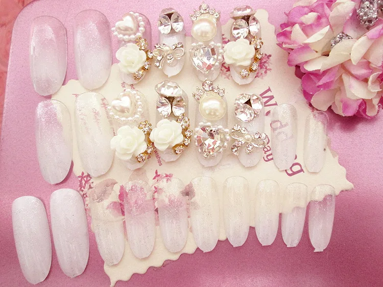 24PCS Bride Flowers False Nails Nail Art Design Tips Diamond | Красота и здоровье