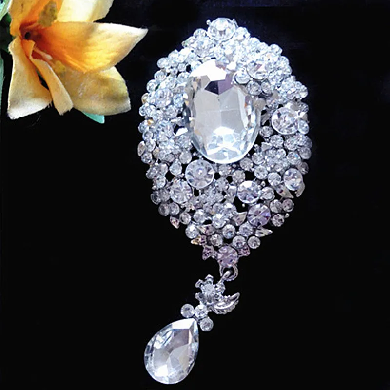 

New! Silver Plated Huge Waterdrop Crystal Pendent Wedding Bouquet Brooch