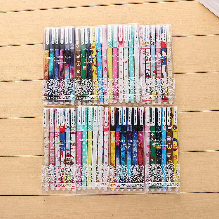 

Korea Stationery Cartoon Black Cute Pens Kawaii School Supplies Creative 6 Colors Gel Pen Set