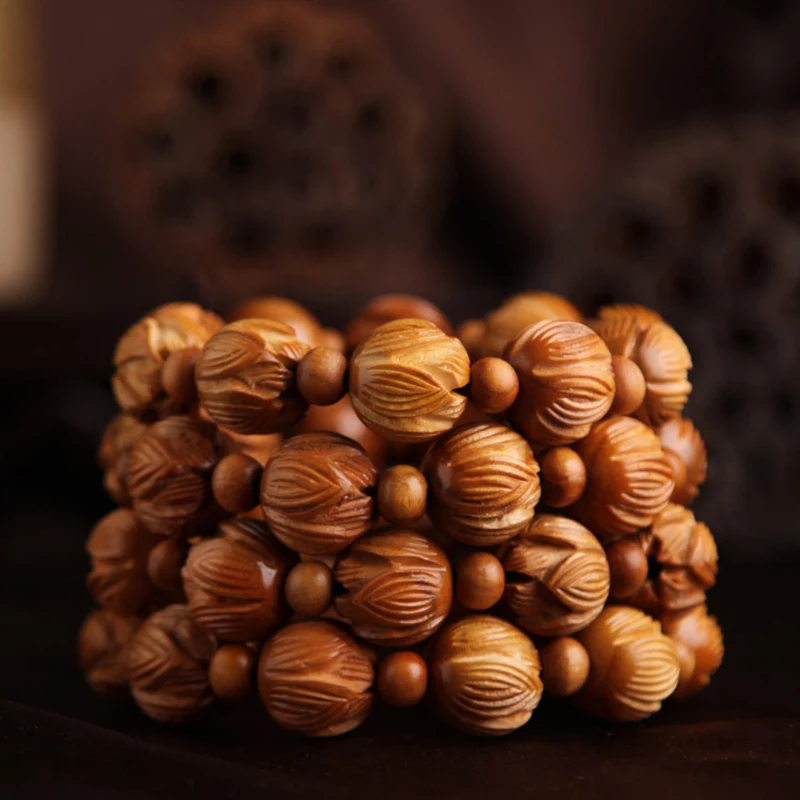 Браслет 12 дюймов из красного дерева с резьбой в виде лотоса|bracelet natural|natural
