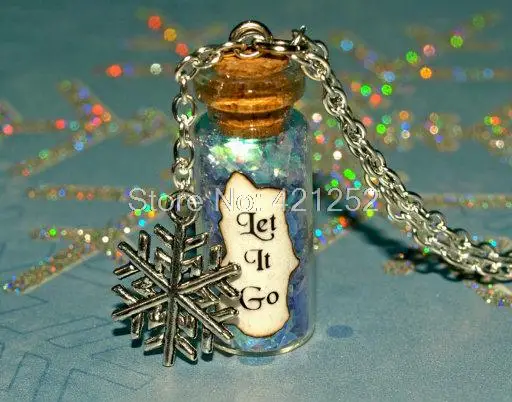 

12pcs LET IT GO glass Bottle Necklace with a Snowflake Charm , once upon a time Inspired necklace