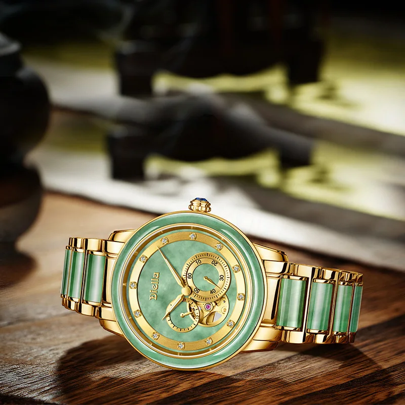 Hetian Jade автоматические механические часы для мужчин секундомер часы Jade ремешок из нержавеющей стали золотые полые часы мужские водонепроницаемые светящиеся часы