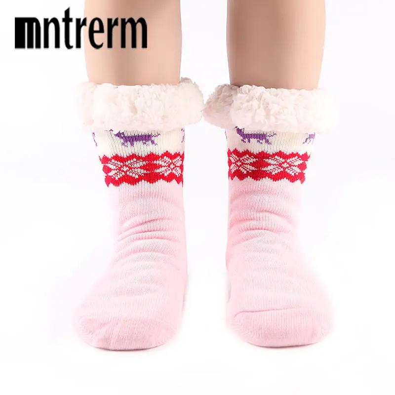 bit deer beige Mntrerm/высококачественные зимние рождественские носки-тапочки; утепленные женские нескользящие носки с рисунком оленя; подарок; вязаные шерстяные тапочки - Цвет: bit deer beige
