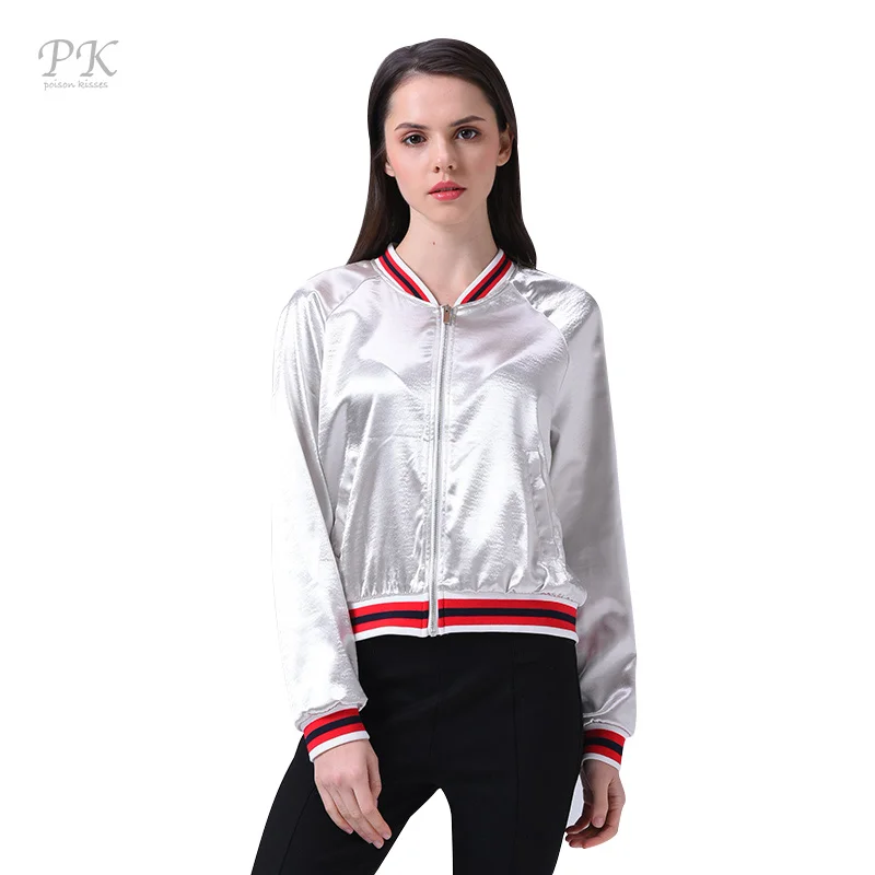 РК металлик чувство бомбардировщик куртка женщин стандартное пальто шайбу