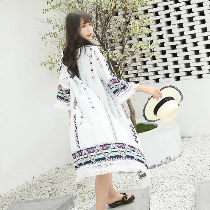 Boho/шифоновые рубашки кардиган с защитой от солнца длинная шаль бахромой куртка