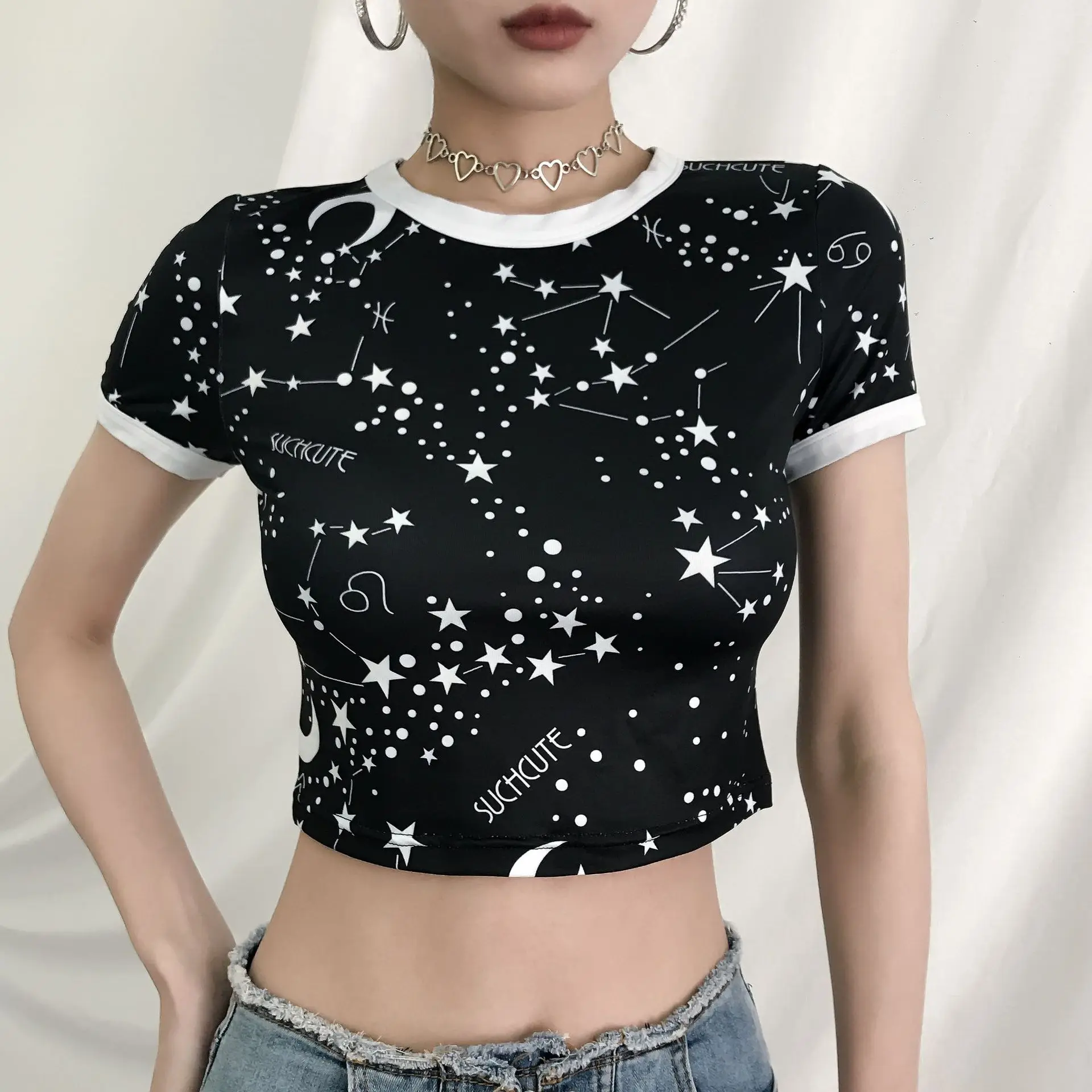 Women Summer Casual T Shirt Black Short Sleeve Crop Top Constellation Letter Print 2019 T-shirts Tee Femme Slim | Женская одежда