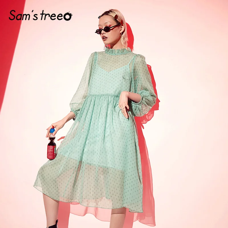 Samstree A-Line Dot Mint женские платья Летние повседневные женские праздничные платья модные кружевные сексуальные открытые вечерние женские платья