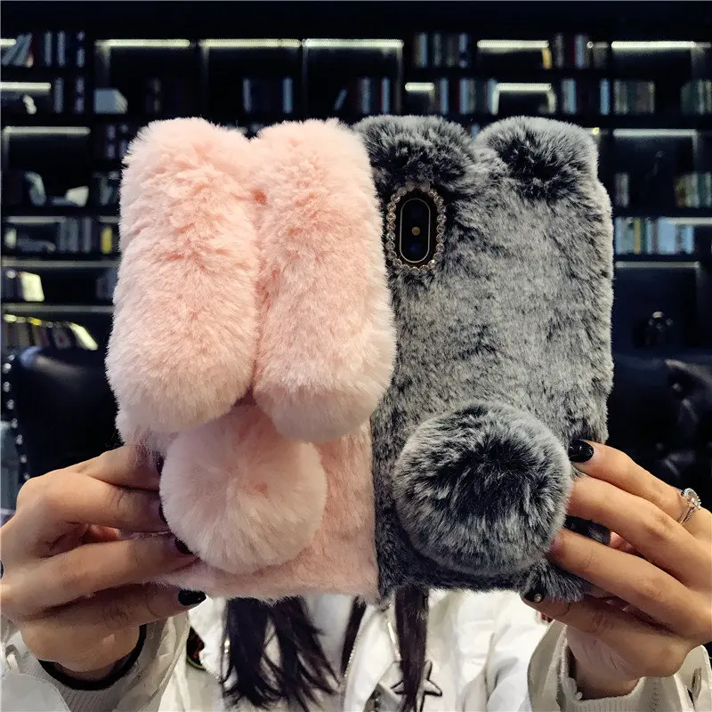 3D Cute Rabbit Hairy Warm Fur Bling Rhinestone Bunny Cover Case For iPhone X xs max xr 10 4 5 5S SE 6 6S 7 8 Plus Soft TPU Shell |