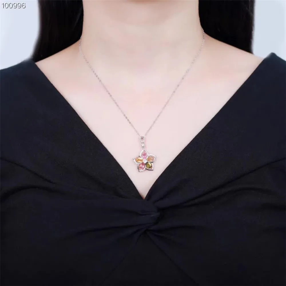 

SGARIT new design flower necklace jewelry 925 sterling silver natural colorful tourmaline necklace pendant for women gift