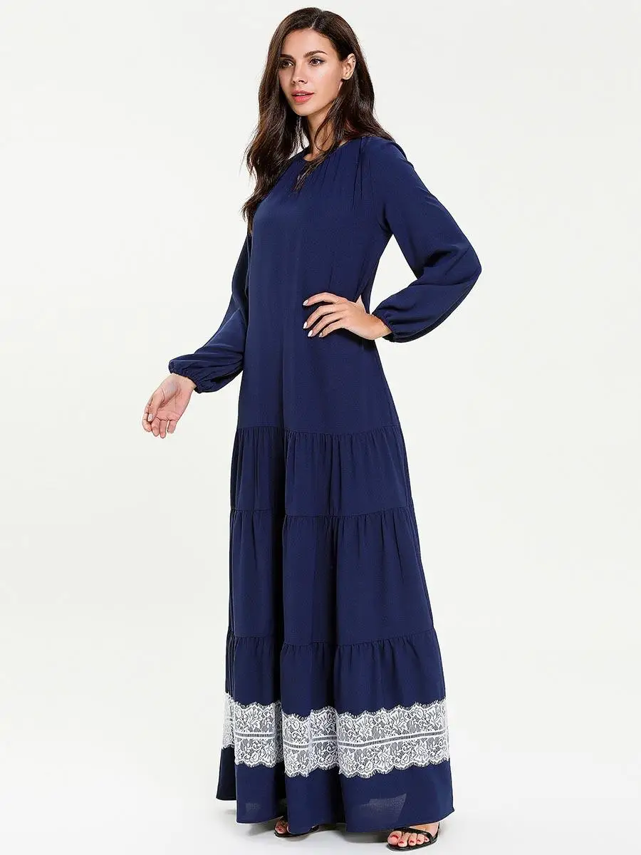 Модное женское многослойное платье abaya Дубай гофрированное мусульманское платье кафтан этнический халат кружева лоскутное исламское драпированное платье свободные платья