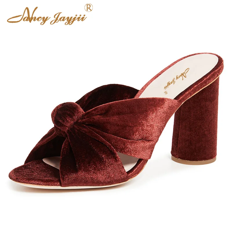 

Мюли Nancyjayjii женские бордовые с бантом-бабочкой, однотонные туфли из флока, открытый носок, круглый массивный Носок, снаружи, без застежки, ве...