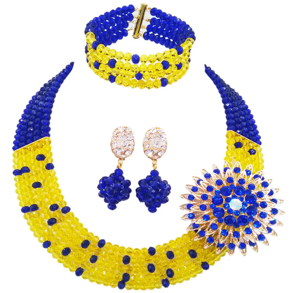 Модное Королевское синее желтое хрустальное ожерелье из нескольких нитей