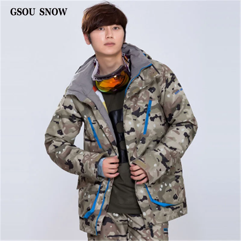 

GSOU SNOU NEW Warm Winter Thick Ski Suit Mens Jacket Camouflage Stitching Single Double Plate Outdoor Waterproof Breathable Coat