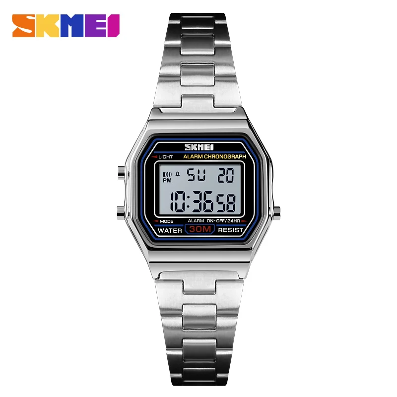silver women watch SKMEI женские часы цифровые спортивные часы Роскошные модные часы с будильником из нержавеющей стали водонепроницаемые женские часы relogio feminino - Цвет: silver women watch