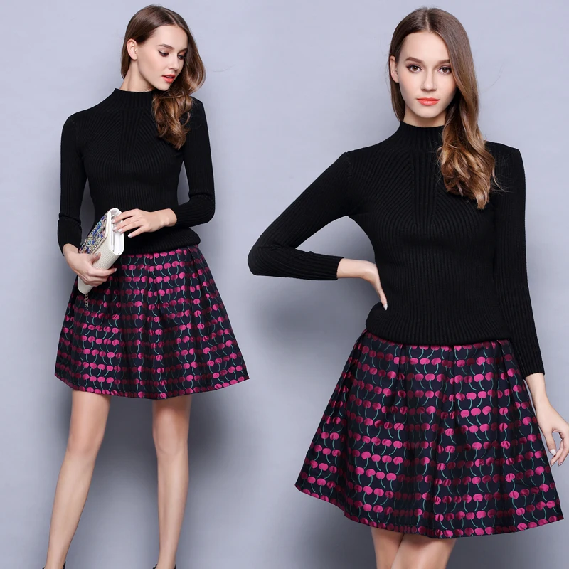 

2019 New Autumn Winter Women Sets Fashion Turtleneck Black Warm Sweater And Cherry Printed Mini Skirt Two Piece Set Skirt Suits