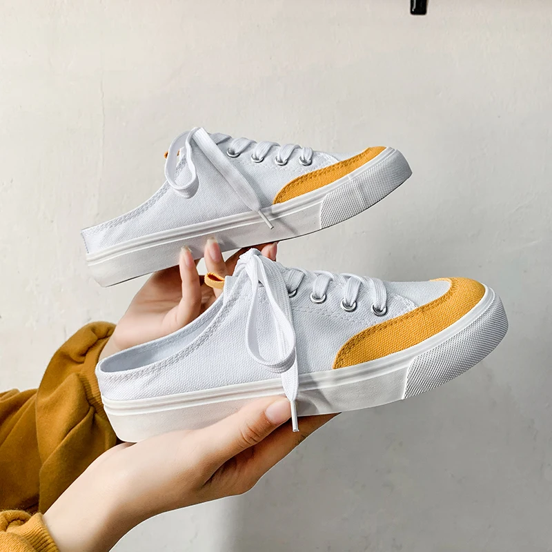 INS hot women Canvas shoes 22.5-25 cm length bottom shoes flat bottom half tow canvas shoes no heel lazy shoes Half slipper