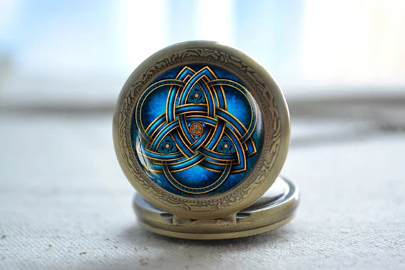 Модные Ретро Синие карманные часы Triquetra ожерелье для женщин и мужчин кварцевые