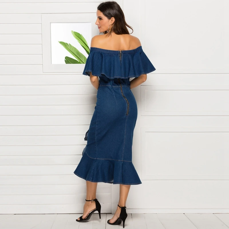 Женское элегантное платье из джинсовой ткани 2021 осенние пикантные оборками Slash