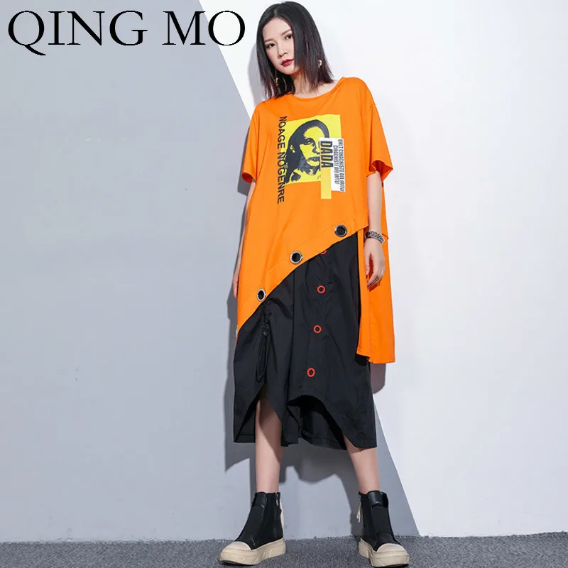 QING MO Женская оранжевая шифоновая Футболка с принтом Асимметричная футболка