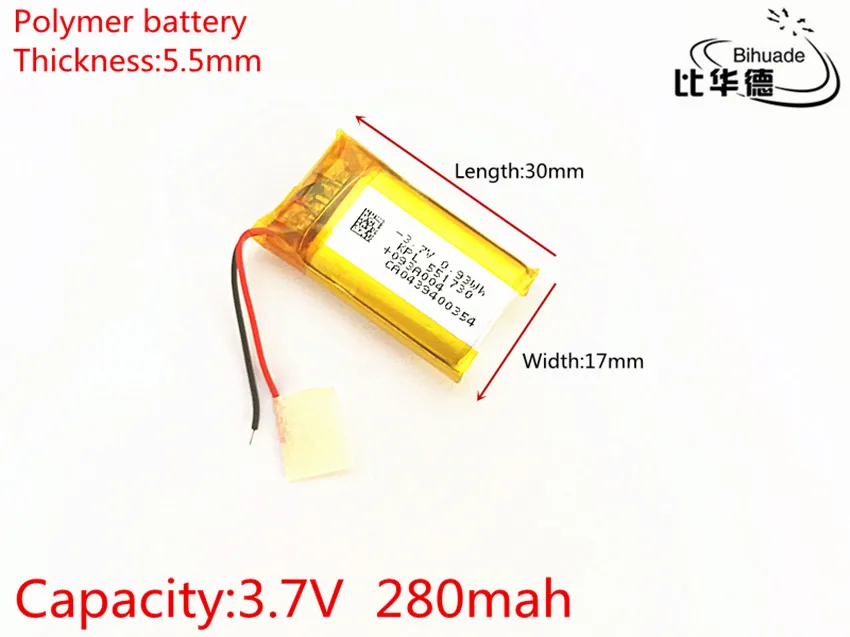 

3.7V 280mAh 551730 Lithium Polymer Li-Po li ion Rechargeable Battery cells For Mp3 MP4 MP5 GPS PSP mobile bluetooth