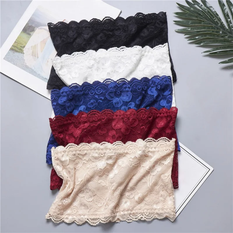

Women Strapless Crop Wrap Lace Bandeau Tube Top Bustier Boob Tubes Tops Bralette 5 Solid Colors Red Blue White Black