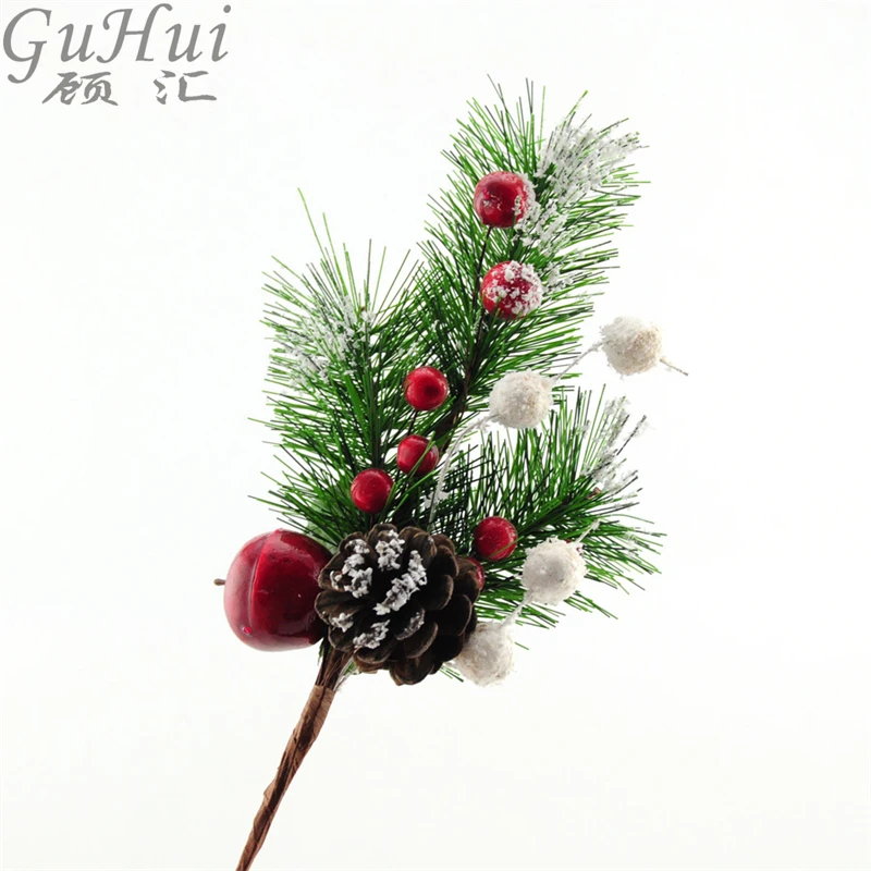 Country style Pineal Red Berries Pendants Christmas Branch Cuttings Pine Needle Sticky White Tree Decoration | Дом и сад