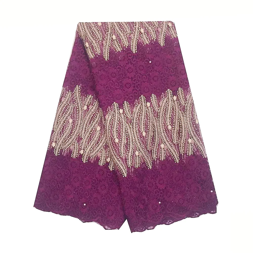 Персиковая французская кружевная ткань с бусинами и камнями пурпурная
