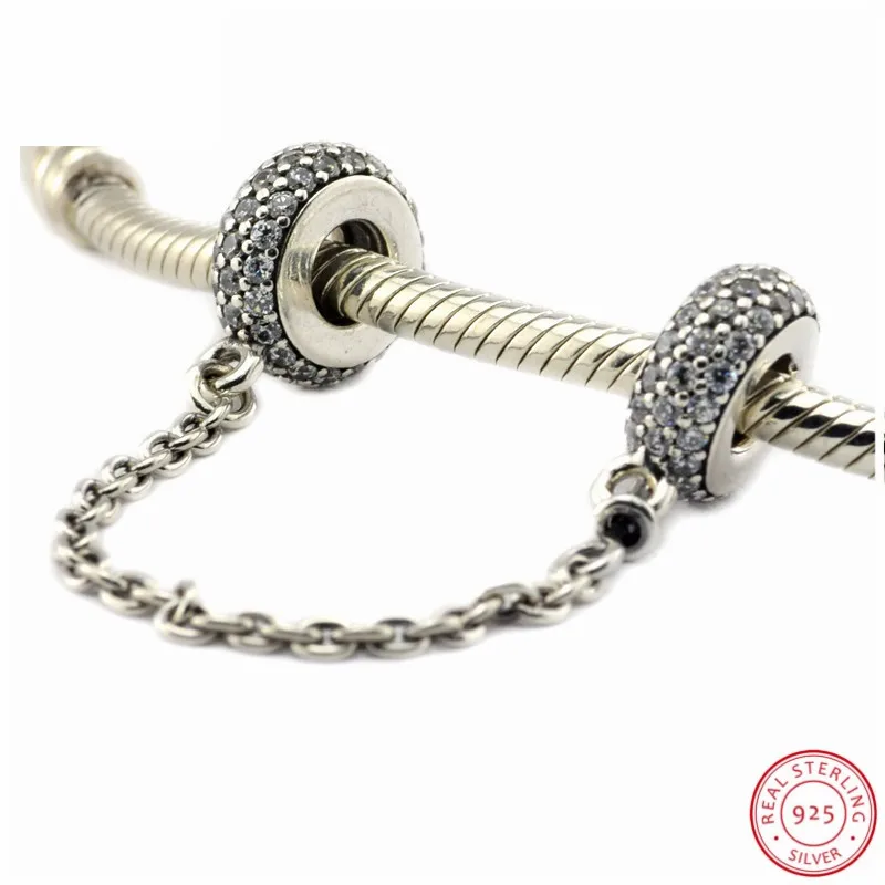 Красивые 925 пробы серебряные цепи безопасности с прозрачными CZ DIY Fit PANDORA Подвески