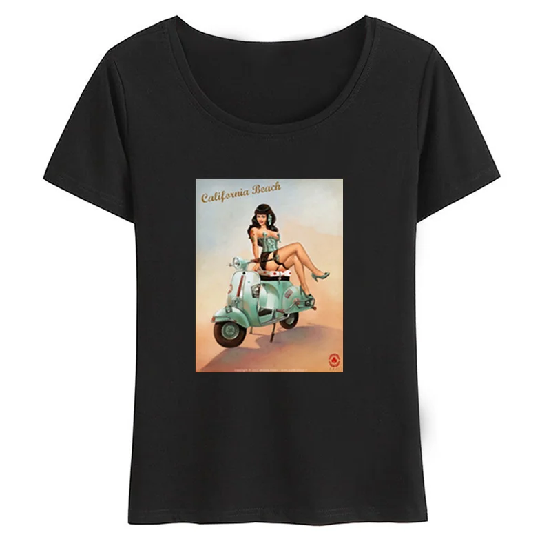 Винтажные мотоботы девушки наездницы футболка для женщин мотоцикл Vespa с