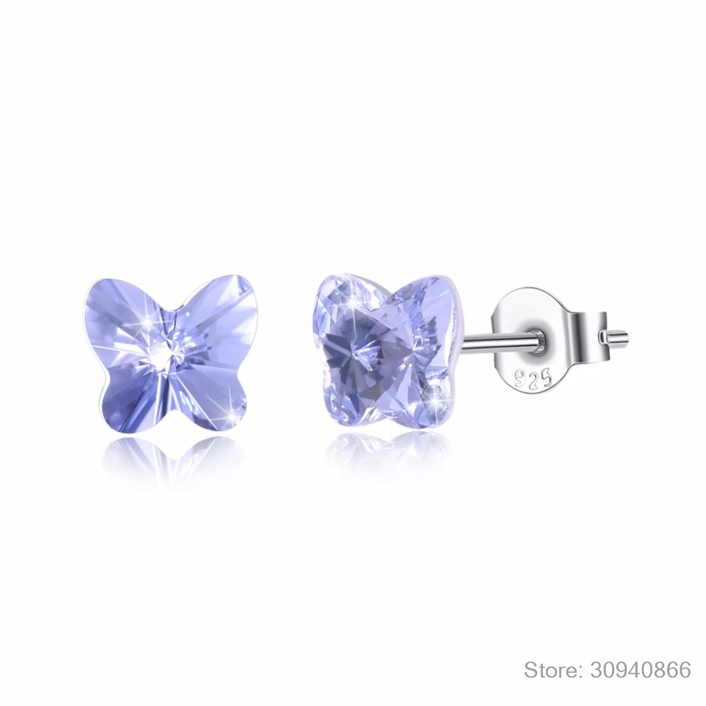 Серьги-гвоздики LEKANI с кристаллами SWAROVSKI в виде бабочек, милые серьги-гвоздики для пирсинга из серебра S925 пробы, простые ювелирные изделия для женщин и девушек