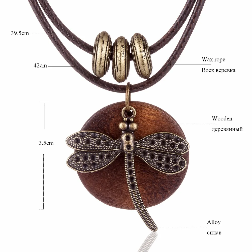 Fashion Choker Woman Necklaces vintage Jewelry Dragonfly Wooden pendant Long necklace for women collares mujer kolye| |
