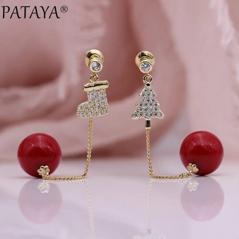 PATAYA новые коралловые красные жемчужные длинные серьги-гвоздики для женщин, свадебные ювелирные изделия, 585 розовое золото, натуральный циркон, рождественские подарки