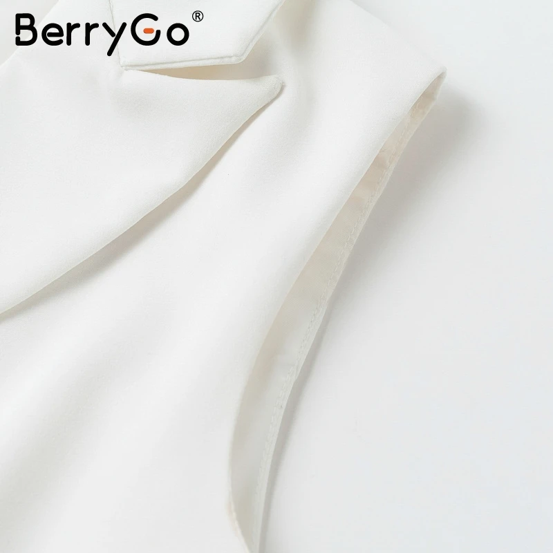 BerryGo Белый пиджак платье женщин V-образным вырезом с рюшами и линиями тонкое платье без рукавов Офисные женские короткие белые платья vestidos
