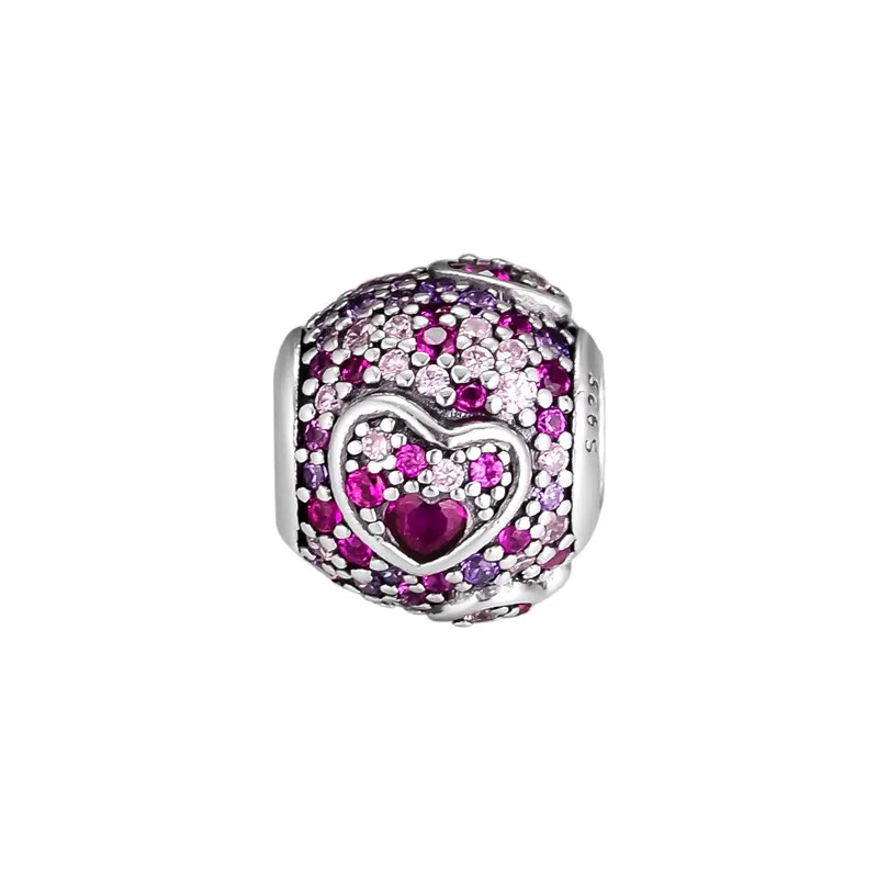 Fit Pandora браслет Асимметричные сердца любви шарм красный и розовый CZ фиолетовый
