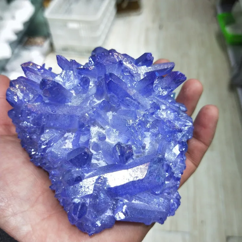 Аура кварцевый кристалл кластер синий натуральный Титан покрытие Драгоценный