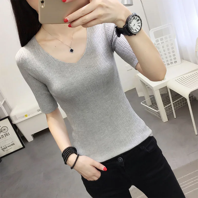 OHCL black white Autumn Winter Sweater Women solid Knitted Pullovers long sleeve tops Wave Cut V-neck Basic office 2018 | Женская одежда