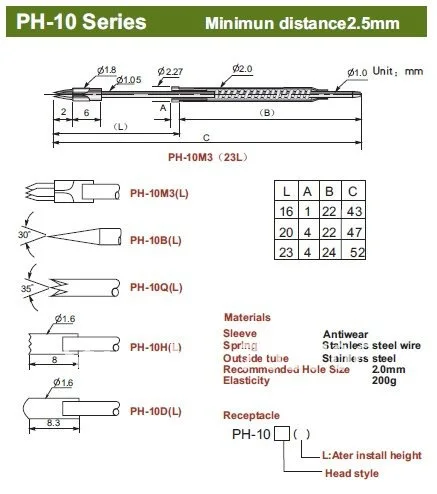 

FREE SHIPPING 100PCS/LOT PH-10B (16L) 43MM Spring test probe Pogo Pin