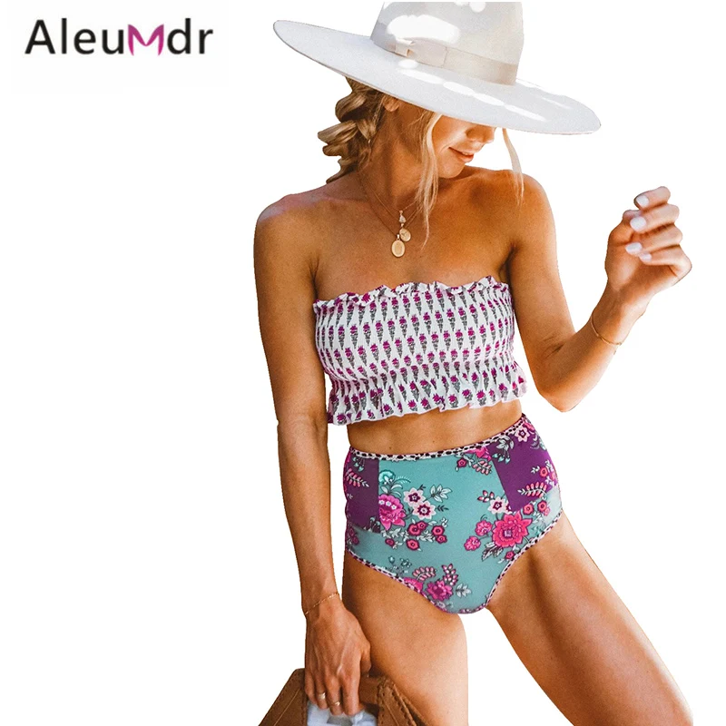 Aleumdr купальник из двух частей белый с высокой талией принтом бикини буфами