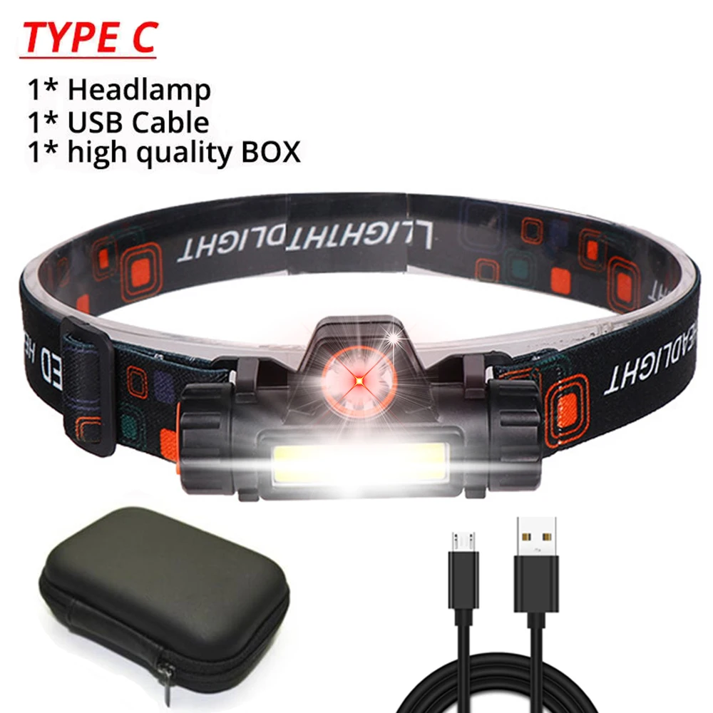 Type C USB Перезаряжаемый головной светильник, мощный XPE+ COB налобный фонарь, Головной фонарь IPX6, водонепроницаемый головной светильник с 1200mAn встроенным аккумулятором - Испускаемый цвет: Type C