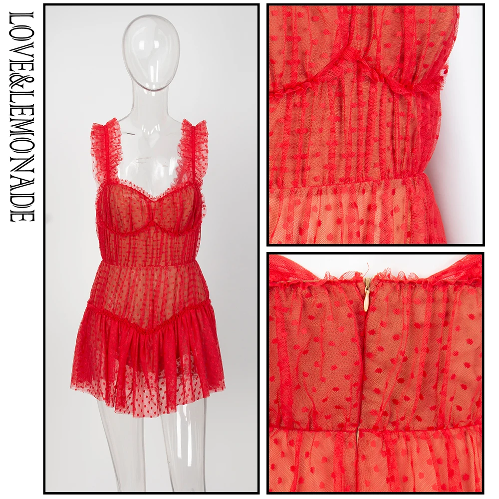 Женский сетчатый костюм LOVE &amp LEMONADE красный с оборками в горошек модель LM81256 |