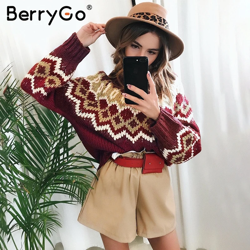 BerryGo Vintage geometric women pullover Long sleeve oversize female knitted sweater jumper Autumn winter casual ladies sweaters | Женская