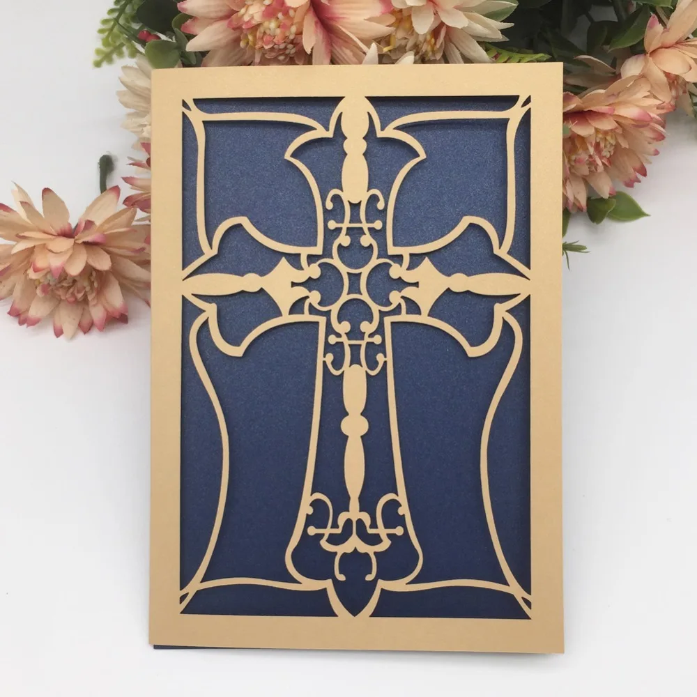 

50Pcs/Lot New Arrival Wedding Invitations Laser Cut Cross Pattern Invitations Card For Christening & Baptism Party Supplies