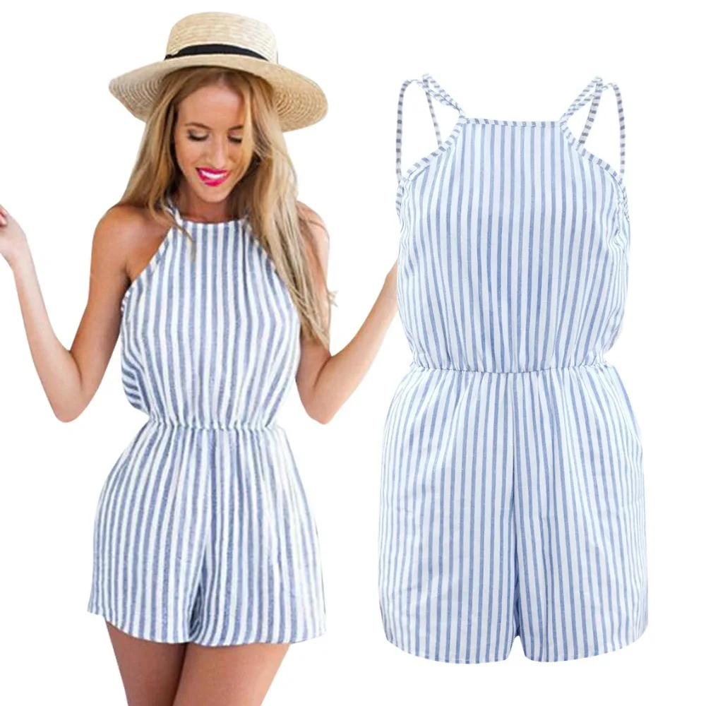 Summer Women's Playsuits Sleeveless Backless Striped Female Romper Short Trousers Bodycon Blue Body ONY14 | Женская одежда