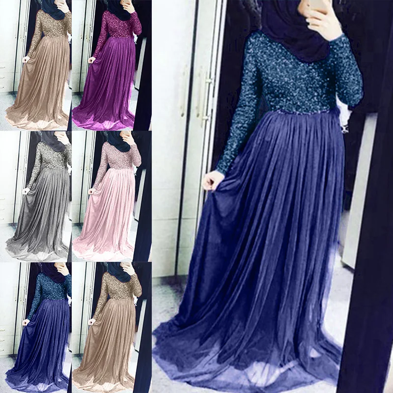 Женское элегантное платье женское мусульманское макси длинный рукав Сращивание