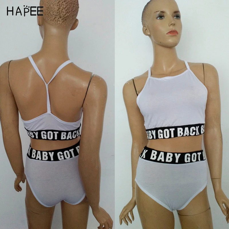 Черно-белой печати Белый Письмо Комплект Бикини 2017 Высокая Талия Женщины Холтер