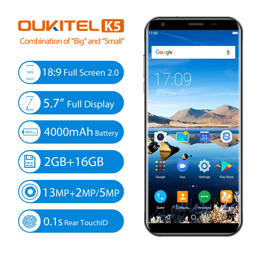 Oukitel K5 18:9 дисплей 5 7 ''HD Android 0 2 Гб ОЗУ 16 ПЗУ MTK6737T четырехъядерный 13 МП 3 камеры 4000
