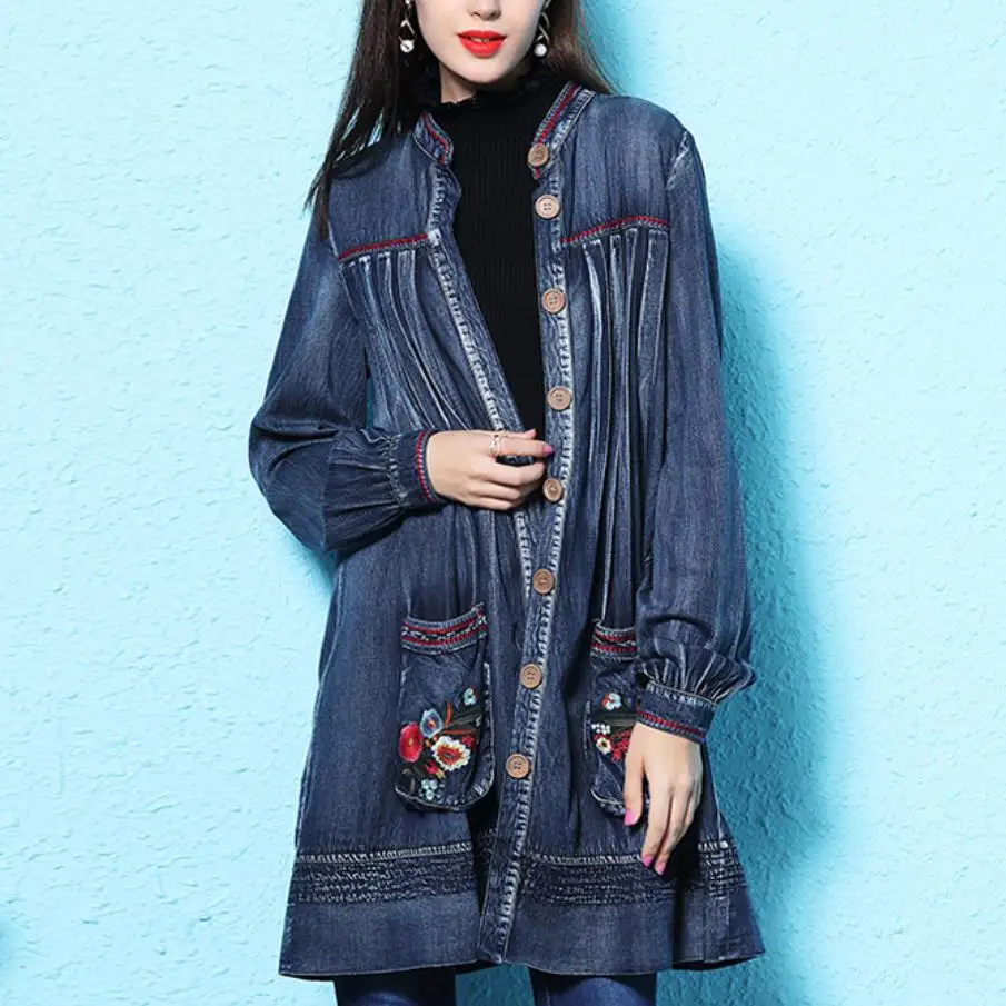Тренчкот женский джинсовый с цветочной вышивкой Повседневная Свободная кофта