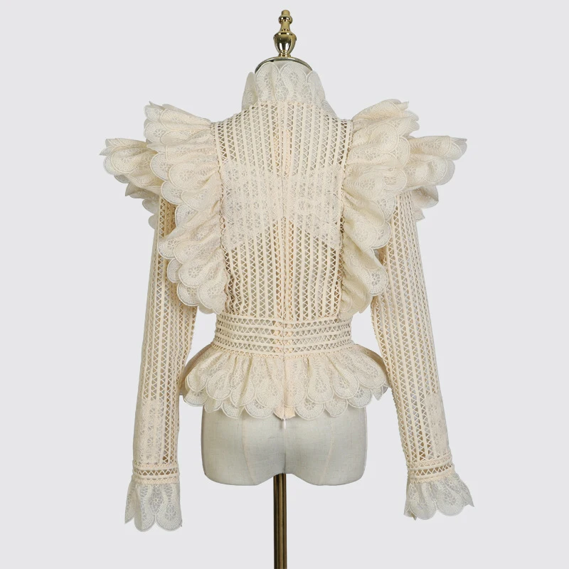 Luxury Brand Hollow Out Ruffles Woman Shirt 2018 Autumn New Arrival Long Sleeve Deep V-Neck Sexy Elegant Female Blouse Tops |