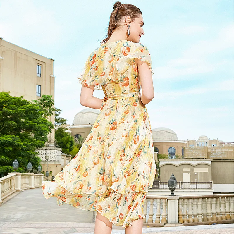 KAMIYING 100% Summer Silk Dress 2019 New V-collar Short-sleeve Chiffon Tie Slim Stitching Lotus Edge Printed | Женская одежда
