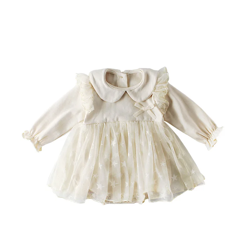 Beige baby romper Комбинезон для малыша весна платье принцессы Детский костюм с длинными рукавами и оборками для маленьких девочек детский комбинезон на день рождения - Цвет: Beige baby romper